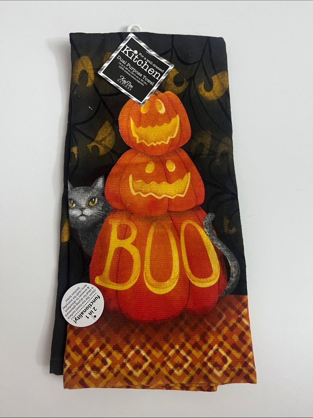 Halloween Jack-O'-Lantern Kitchen Towel with Cat - Black and Orange